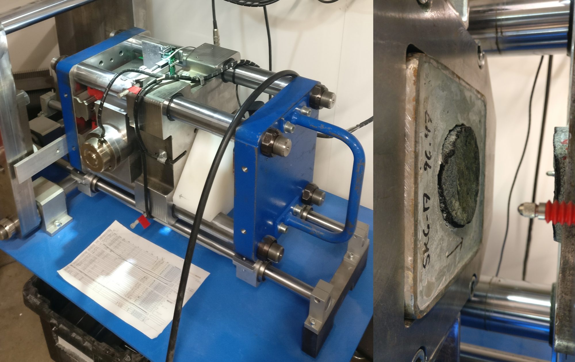 Rock testing apparatus with a rock sample in the SMCOY laboratory